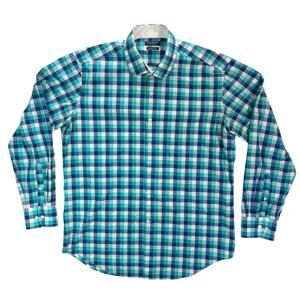 Blue Plaid Long Sleeve Button Down Shirt Men's Large Trim Fit 16.5 34/35 Cotton